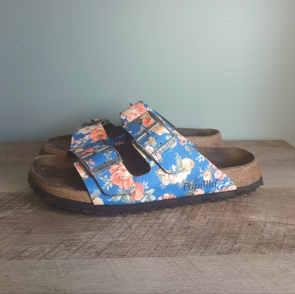 Papillio Floral Blue Double Buckle Cork Sandals